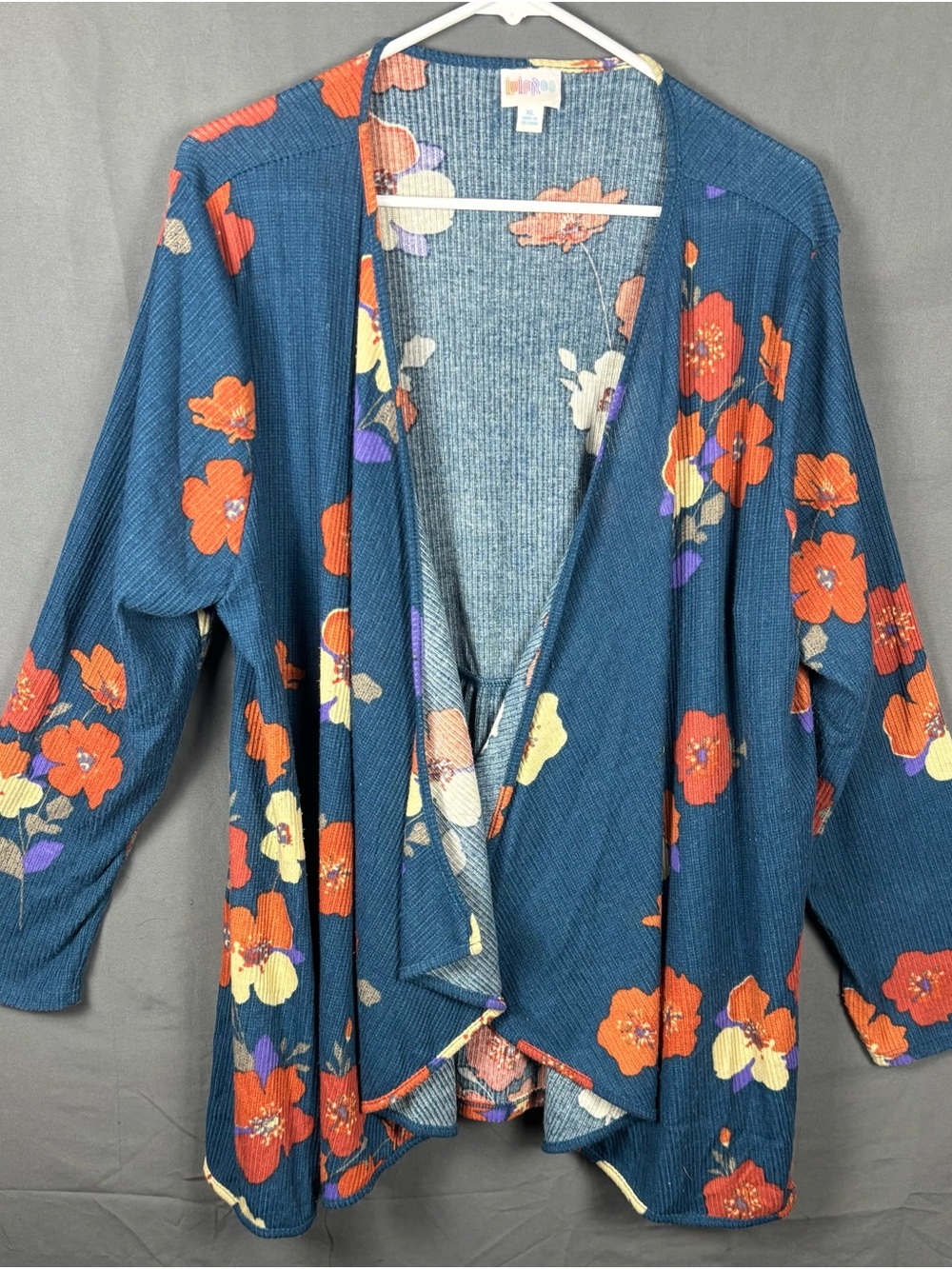 LuLaRoe Teal Floral Open-Front Cardigan with Orange and Cream Blooms